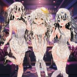 3girls ai_generated belly black_hair blue_eyes blush braid breasts collarbone cum_bath cum_drip cum_on_body cum_on_breasts cum_on_face cum_on_hair dirty_girl female_focus hair_ribbon hat highres holding_microphone idol indoors large_breasts loafers long_hair medium_breasts microphone naked_apron nightclub original original_characters pantyhose pink_eyes sideboob singing standing sweat thighhighs thighs wet white_hair yellow_eyes