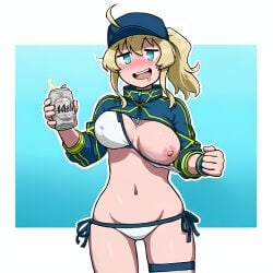 1girl ahoge ai_generated beer beer_can bikini blonde_hair blue_eyes blush breast_out cap cosplay cropped_jacket diamond_7_(ai_generator) drooling drunk fate_(series) female female_only happy hat holding holding_object large_breasts looking_at_viewer mysterious_heroine_xx_(foreigner) navel nipples open_mouth ponytail shoujo_shuumatsu_ryokou shrug_(clothing) side-tie_bikini smile solo solo_female standing teeth upper_teeth yuuri_(shoujo_shuumatsu_ryokou)