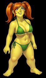 1girls anonemus1 big_breasts bikini black_background cartoon_network ed_(ed_edd_n_eddy) ed_edd_n_eddy edit female female_only freckles freckles_on_breasts freckles_on_face freckles_on_shoulders fusionfall genderswap_(mtf) green_bikini grok orange_hair rule_63 solo solo_female thick_thighs twintails yellow_skin
