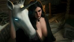 3d alf3d bed bedroom black_hair breasts cd_projekt_red female light-skinned_female light_skin looking_at_viewer mascara necklace nightie purple_eyes solo solo_female the_witcher_(series) the_witcher_3:_wild_hunt unicorn yennefer