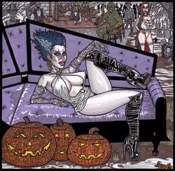 blue_hair breasts bride_of_frankenstein couch earrings female halloween high_heel_boots jack-o'-lantern looking_at_viewer lying_on_back nipple_bulge no_bra no_panties pubic_hair rings skirt_lift tagme theseus9