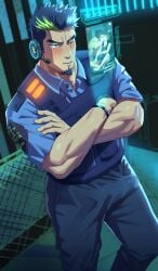 1boy bara beard big_bulge big_penis black_hair blush bulge bulge_through_clothing crossed_arms curved_penis curved_to_the_right_penis daddy dilf earphones erection erection_under_clothes frown fully_clothed futuristic gay genital_outline goatee hi_res hologram huge_cock izukonohito male male_only manly mature_male multicolored_hair one_eye_closed original original_character penis police police_officer police_uniform policeman porn scar scar_across_eye scar_on_face short_hair solo standing thick_penis tough_guy two-tone_hair unprofessional_behavior watching_porn wristband yaoi yellow_hair
