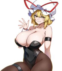 absurdres areola_slip black_leotard blonde_hair breasts female kikoka_(mizuumi) large_breasts leotard looking_at_viewer mob_cap pantyhose smile solo_female touhou wrist_cuffs yakumo_yukari yellow_eyes yellow_hair yukari_yakumo
