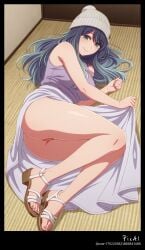 1girl, 4k 8k ai_generated beanie, body, breasts, butt, clothes content discovered, dress dress, explicit feets, female, full hair, herself, high kurokawa_akane legs, lift, long lying, masterpiece, mature nsfw, on oshi_no_ko perfect polished, quality, resolution, sandals, shoulders side, smile, solo, thighs, toenails undress up,