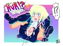2boys androgynous blush clothed clothing dialogue embarrassed femboy femboy_focus galo_thymos lio_fotia nervous petite petite_body petite_male pov promare skin_tight slim slim_male slim_waist solo_focus spreading_legs text twink