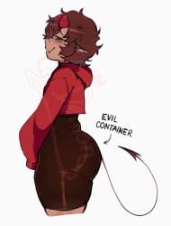 ass big_ass big_butt big_thighs blush brown_hair crop_top demon demon_(uh_demon) demon_boy demon_horns demon_tail elf_ears evil_container evil_grin evil_smile femboy femboy_focus femboy_only femboysub femenine_male glasses grin hoodie leotard male profile profile_view red_hoodie short_hair smug smug_expression smug_face smug_grin smug_smile tan tan_body tan_skin thick thick_ass thick_thighs thight_clothing uh_demon yellow_eyes