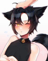 1femboy black_choker black_hair blush cat_boy cat_ears cat_tail catboy choker dominant dominant_male dominated domination feline femboy hand_on_hair hand_on_head imminent_anal imminent_penetration imminent_sex male_only submissive submissive_femboy submissive_male yellow_eyes