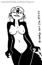 2017 anthro black_and_white breasts ear_piercing edit female fur hair kelly_o'dor mammal monochrome navel nude nude_edit piercing pinup portrait pose pussy skunk solo tegerio three-quarter_portrait zandar's_saga zander's_saga