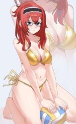 big_breasts bikini bikini_bottom bikini_top blue_eyes breasts color colored focus_on_breasts glasses hakucho293 light-skinned_female light_skin lillia_greyrat looking_at_viewer mushoku_tensei png pov red_hair shaded smile smile_at_viewer volleyball wide_hips wide_thighs