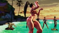 3d animated ass beach bikini brown_hair chun-li crab dance dat_ass earrings female huge_ass huge_breasts long_hair muscular_female ponytail solo solo_focus street_fighter swimsuit tagme thick_thighs toned unknown_artist water video