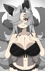 1girls against_glass big_breasts bra breasts_against_glass commission ear_tuft female female_only fox_ears fox_girl furry_tail grey_hair grin grinning_at_viewer hair_over_one_eye heart-shaped_pupils hi_res j5daigada kitsune long_hair looking_at_viewer multi_tail red_eyes smiling smiling_at_viewer solo tail