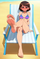 1girls ai_generated beach bikini bikini_top blush blushing_female brown_hair chair curvy curvy_body curvy_female curvy_figure embarrassed feet feet_fetish feet_focus feet_up female female_focus female_only fetish frisk frisk_(undertale) imminent_sex neckline sand sitting sitting_on_chair undertale undertale_(series) water