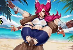 ai_generated beach brat cocky_smile crying dark-skinned_male dark_skin full_nelson imminent_rape instant_loss league_of_legends nosebleed rape sexy volleyball_uniform wet xayah