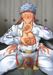 2boys abs armband bandage bandaged_waist bare_breasts belt biker_clothes blush blushing_profusely bousouzoku character_request clenched_teeth crying crying_with_eyes_open defeated duo ear_piercing frown fully_clothed gang gay hachimaki headband hi_res humiliation jacket legs_apart looking_down male male/male male_only manly mature_male motorbike_gang muscles muscular muscular_male offscreen_character open_clothes pecs peeing piss_soaked red_eyes robe ryotaro_810 sarashi short_hair silver_hair sitting six_pack soaked soiling stepped_on stepping_on_penis sweat sweatdrop tears tokkoufuku tokyo_revengers tough_guy urine urine_on_ground urine_pool white_clothing wince yaoi yellow_urine