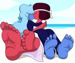 2girls beach blue_hair blue_skin brown_hair feet foot_fetish foot_focus gem_(species) headband kissing long_hair red_skin ruby_(steven_universe) sapphire_(steven_universe) short_hair steven_universe superslogger tuxedo wedding wedding_dress