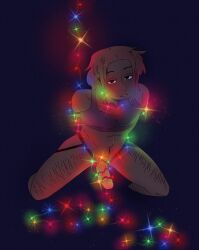 arms_tied bondage bottomless brown_eyes dakota_(the_rock_cocks) dark_background dildo hairy_legs hands_behind_back kneeling leslie_brown male night orange_hair strap-on strapon tied_up transgender_male transgender_man transmasc