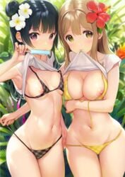 2girls :p armpits asymmetrical_docking big_breasts bikini bikini_pull black_bikini black_hair blush breast_hold breast_press breast_to_breast breasts brown_hair cleavage cover cover_page cowboy_shot doujin_cover flower food front-tie_bikini front-tie_top hair_bun hair_flower hair_ornament hibiscus kunikida_hanamaru long_hair looking_at_viewer love_live! love_live!_sunshine!! mignon mouth_hold multiple_girls navel nipples popsicle purple_eyes shirt_in_mouth shirt_lift side-tie_bikini side_bun sidelocks small_breasts swimsuit thigh_gap tongue tongue_out translation_request tsushima_yoshiko untied untied_bikini untying yellow_bikini yellow_eyes