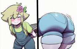 1boy 1femboy 2koma ai_generated ass basil_(omori) bending_over big blush flower_boy focus hands_behind_back omori overalls smile tagme