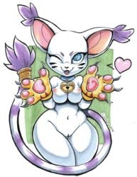 2018 anthro bell big_ears blue_eyes breasts claws clothing collar digimon ear_tuft fangs feline female fur gatomon gloves heart inverted_nipples long_tail mammal mostly_nude nipples one_eye_closed open_mouth pussy solo suntrots tail_ring tailmon thick_thighs tongue tuft whiskers white_fur wide_hips wink