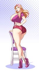 ass blonde_hair breasts brown_eyes chair curvy devil-v female full_body heels high_heels hips huge_ass huge_breasts large_breasts legs multicolored_hair open_toe_shoes original purple_lips solo thick_thighs thighs two-tone_hair wide_hips