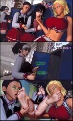 3girls black_hair blonde_hair bullying english_text female_human female_only foot_fetish foot_focus foot_lick goth hypnosis latina_female lustpalace magic mind_control revenge school_uniform schoolgirl story white_hair