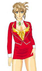 agent_aika aika_sumeragi arms_at_sides artist_request bare_legs blue_eyes breasts brooch corset detached_collar earrings emerald_(stone) female female_only folded_ponytail gem hair_between_eyes hand_on_hip human human_only jewelry large_breasts legs light_brown_hair lips lipstick long_sleeves looking_at_viewer make_up medium_breasts neck necklace open_mouth red_lipstick red_suit simple_background solo standing strapless suit white_background