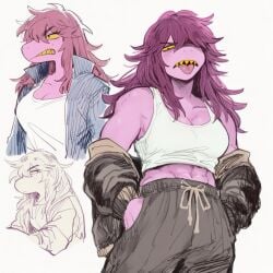 ai_assisted ai_generated deltarune furry furry_female jacket lapis_slopzuli long_hair muscles muscular_female purple_body reptile style susie_(deltarune) susie_(light_world_form) toby_fox tongue_out undertale_(series) yellow_eyes