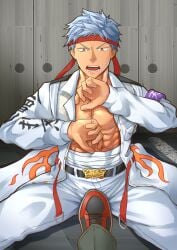 2boys abs armband bandage bandaged_waist bare_breasts belt biker_clothes bousouzoku character_request defeated duo ear_piercing frown fully_clothed gang gay hachimaki headband hi_res humiliation jacket legs_apart looking_down male male/male male_only manly mature_male motorbike_gang muscles muscular muscular_male offscreen_character open_clothes pecs red_eyes robe ryotaro_810 sarashi short_hair silver_hair sitting six_pack stepped_on stepping_on_penis sweat sweatdrop tokkoufuku tokyo_revengers tough_guy white_clothing yaoi