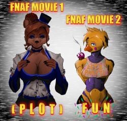 animatronic anthro armwear avian beak bear belly big_breasts bird black_clothing black_eyes bottomwear bow_tie breasts brown_body brown_fur brown_hair chicken cleavage clothed clothing cupcake digitigrade duo elbow_gloves eyebrows eyelashes fazclaire's_nightclub:_the_rearousal feathers female fingerless_gloves fingernails five_nights_at_freddy's five_nights_at_freddy's_2 food freddy_(fnaf) fredina's_nightclub frenni_(cryptiacurves) frenni_(fn:rearousal) front_view fur galliform gloves hair half-closed_eyes hand_on_breast hands_behind_back handwear hat hatwear head_tilt headgear headwear heart_symbol jagri long_hair machine makeup mammal mtf_crossgender nails narrowed_eyes neckwear pants phasianid robot rule_63 scottgames short_hair shy size_difference smile smiling_at_viewer static text toy_chica_(fnaf) uniform wide_hips yellow_body