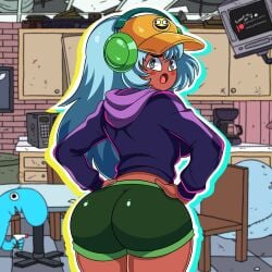 ass ass_focus big_ass blue_janitor_dude brown_body dark-skinned_female dark_skin dolly_dimpley easyskweezy female hat headphones huge_ass large_ass looking_at_viewer looking_back office shorts smiling_friends smiling_friends_self_inserts tagme