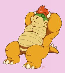 1boy animal_genitalia arms_behind_head arms_up bowser full_body genital_slit hehky koopa male male_only mario_(series) musclegut nintendo nude scalie simple_background sitting slightly_chubby slit smile solo video_games