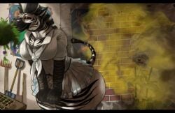 anthro arms_in_front ass beastars big_butt bottomwear breasts canid canine canis cleavage clothed clothing destruction dominant dominant_female duo equid equine fart fart_cloud female hi_res jin_shihu larger_female legoshi_(beastars) male male/female mammal michelle_(feneqin) oblivious plant school_uniform shovel size_difference skirt smile surprised thick_thighs tools uniform wilted_plant wilting_flowers wolf zebra