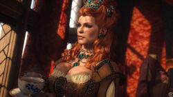 3d alf3d anna_henrietta big_breasts blonde_hair breasts cd_projekt_red clothing crown dress earrings female freckles light-skinned_female mascara necklace solo solo_female tea the_witcher_(series) the_witcher_3:_wild_hunt