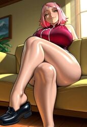 1girls ai_assisted ai_generated bakotosai boruto:_naruto_next_generations couch crossed_legs large_breasts living_room loafers looking_at_viewer looking_down naruto_(series) on_couch sakura_haruno shoe_dangle sitting solo teasing thick_thighs wide_hips