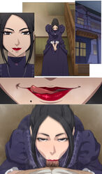 2boys :>= androgynous beauty_mark black_eyes black_hair bowing comic dress eyelashes fellatio femboy girly golden_kamuy half-closed_eyes hourglass_figure ienaga_kano jewelry licking_lips lips lipstick looking_at_viewer makeup mole mole_under_mouth motion_blur motion_lines multiple_boys mushiro_(nijie728995) necklace oral penis pov pov_eye_contact pubic_hair red_lips red_lipstick saliva tongue tongue_out trap