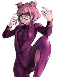 6maker aqua_eyes bangs blue_eyes bodysuit borrowed_character breasts color cosplay digital_drawing_(artwork) digital_media_(artwork) double_bun expressionless female glasses han_juri_(cosplay) hands_up highres juri_han_(cosplay) leg_up looking_at_viewer lulu_(luulubuu) luulubuu medium_breasts original pink_hair pink_nails purple_bodysuit round_eyewear safe safe_for_work short_hair simple_background solo street_fighter street_fighter_v twitter_link white_background zipper