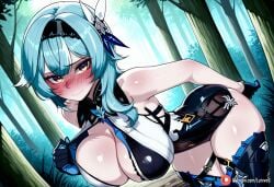 1girls adjusting_clothes ai_generated bangs bare_shoulders bent_forward bent_over big_breasts blue_hair blush blush_lines blushing_at_viewer blushing_female breasts cleavage eula_(genshin_impact) exposing_chest eyebrows_visible_through_hair female female_focus female_only forest genshin_impact gloves hair_between_eyes hair_ornament hair_ribbon higher_resolution_at_source higher_resolution_available leotard looking_at_viewer lunivelle medium_hair outdoors outside patreon pulling_clothing seducing seductive_body self_upload shiny_skin shy skindentation solo solo_female solo_focus standing teasing thick_thighs thighhighs thighs tight_clothing