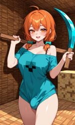ai ai_generated alex_(minecraft) bulge_through_clothing futanari ginger_hair minecraft orange_eyes pickaxe