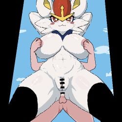 big_breasts censored cinderace exposed_breasts pokemon_(species) sky_necko tagme vagina