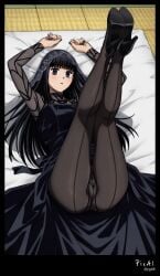 4k 8k ai_generated ass_focus, black body, content explicit full high legs lying, masterpiece, nails, normal nsfw, osaragi_(sakamoto_days) outfit, quality, resolution, sakamoto_days see-through_clothing see-through_pantyhose thighs toes up,