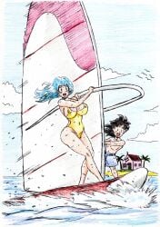 1boy 1girls age_difference beach big_breasts black_hair blue_hair blue_hair_female boat breasts color dragon_ball_z half-dressed half_naked half_naked_female island kame_house maron ocean one-piece_swimsuit son_gohan son_gohan_(young) swimming_trunks thewritefiction
