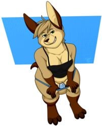 2018 blonde_hair breasts clothing female flashing fur furry green_eyes hair looking_at_viewer mammal marsupial os panties panties_down pussy smile solo tan_fur underwear wallaby