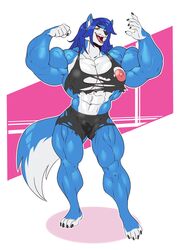 anthro big_breasts boosterpang breasts canine clothing female flexing hopey looking_at_viewer mammal muscular muscular_female nipples open_mouth pussy_juice smile solo standing torn_clothing veiny_muscles