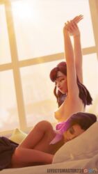 3d areolae armpits arms_up asian bed blender blizzard_entertainment breasts d.va dark_hair effectsmaster231 erection eyeshadow female glowing_eyes latina lipstick looking_at_viewer mischievous_look morning morning_after nipples nude orange_eyes overwatch penis purple_hair romantic romantic_ambiance romantic_couple sitting sleeping smile sombra stretching sunlight video_games waking_up wholesome yellow_eyes yuri