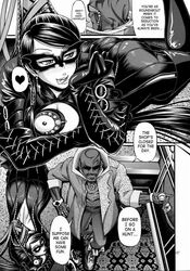 african african_male alcohol artist_request ass bayonetta bayonetta_(character) big_ass big_breasts big_butt black_hair cleavage comic dark-skinned_male dark_skin dat_ass doujinshi earrings female fetish_wear heels interracial jewelry large_breasts licking_lips male mask melanin monochrome on_table presenting rodin_(bayonetta) seductive skin_tight sunglasses tattoo thigh_boots thighhighs very_long_hair whip witch's_taste