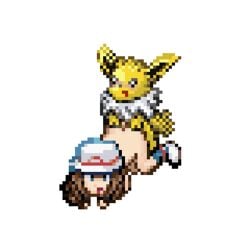 1boy 1girls all_fours alpha_channel animated ass ass_up back black_nose blue_eyes brown_hair canine doggy_style eeveelution fangs female feral from_behind from_behind_position furry hat human interspecies jolteon leaf_(pokemon) male male_pokemon/female_human nintendo nude penetration pixel_art pokémon_(species) pokemon pokemon_frlg pokemon_rgby pokephilia presenting presenting_hindquarters sex shoes size_difference smile socks standing straight tail transparent_background ulithium_dragon yellow_fur