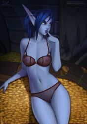 1girls areolae blizzard_entertainment blue_hair bra breasts dalaran deilan12 elf female female_only hall_of_shadows looking_at_viewer nipples panties pointy_ears solo void_elf world_of_warcraft