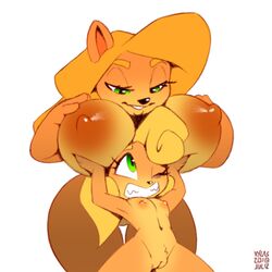 2018 2girls areola bandicoot big_breasts blonde_hair boob_hat breast_rest breast_size_difference breasts clenched_teeth coco_bandicoot crash_(series) duo eyelashes female fur green_eyes hair hand_on_breast holding_breast hourglass_figure huge_breasts humor lifting long_hair mammal marsupial multiple_girls nude one_eye_closed orange_fur pussy simple_background size_difference small_breasts smile tawna_bandicoot teeth video_games watermark white_background wink xylas yuri