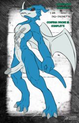 abs anthro arashidrgn balls blue_skin brainwashing claws digimon dragon english_text erection exveemon horn humanoid humanoid_penis male male_only mammal membranous_wings mind_control muscular nude pecs penis rubber scalie simple_background solo text transformation wings