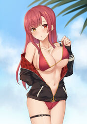 1girls 2021 anchor_symbol arm_behind_back arrow_through_heart bikini bikini_pull blue_sky blush breasts cleavage clothes_pull cloud earrings female female_focus female_only heart heart_earrings heart_necklace heterochromia highres hololive hololive_fantasy hololive_japan houshou_marine jacket jewelry large_breasts leaf looking_at_viewer navel no_hat no_headwear off_shoulder official_alternate_costume parted_lips red_eyes red_hair sky solo solo_female solo_focus standing straight_hair sweatdrop swimsuit terry_(pixiv3274443) thigh_strap unzipped virtual_youtuber yellow_eyes